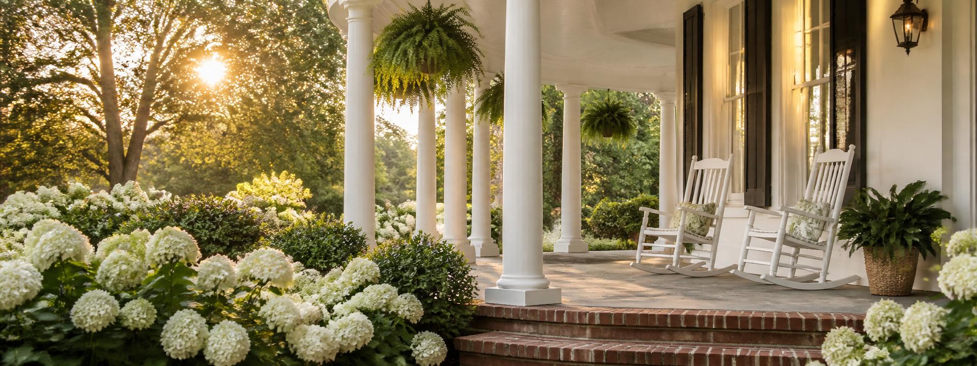 Southern wraparound porch with white rocking chairs and hydrangeas.