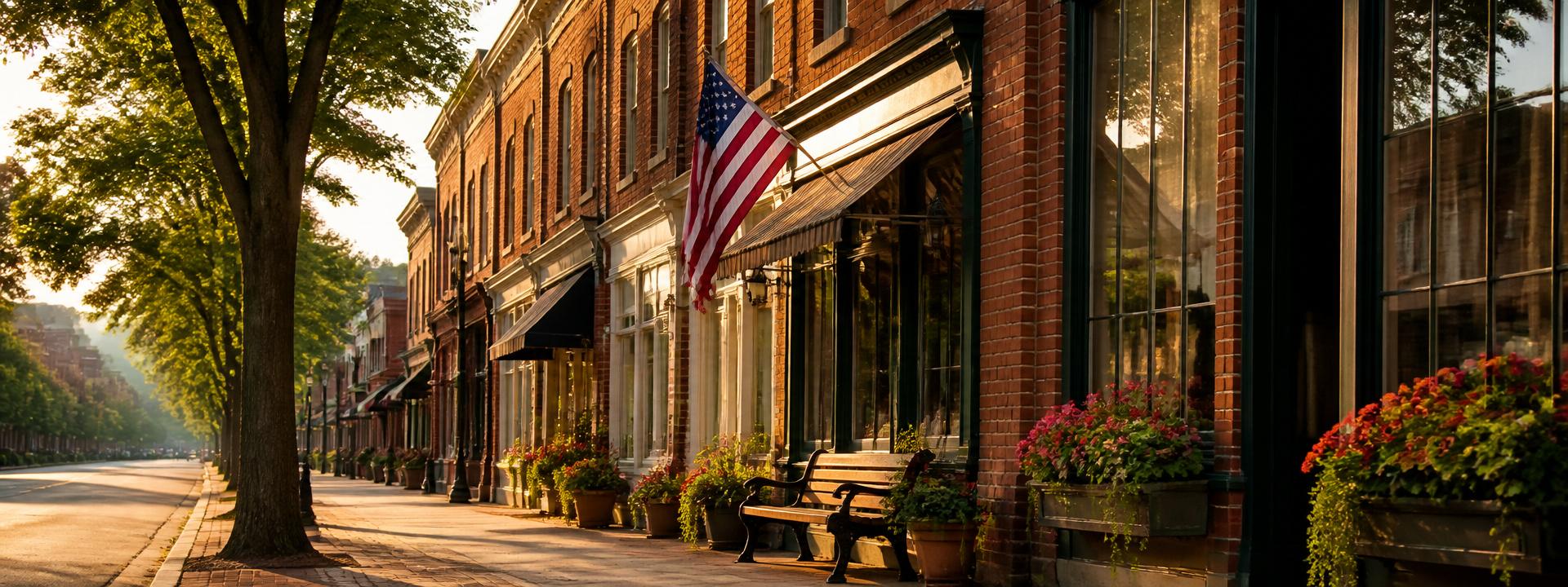 Historic Virginia main street with brick storefronts and American flag at golden hour.