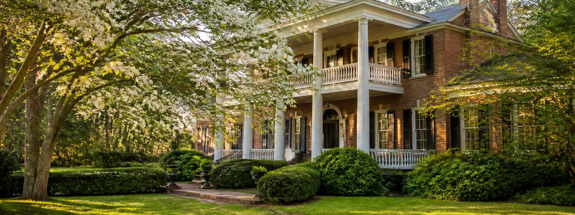 Historic brick Virginia colonial with white columns and dogwood in bloom.